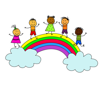 Various children play on the rainbow. Cartoon. Vector illustration.