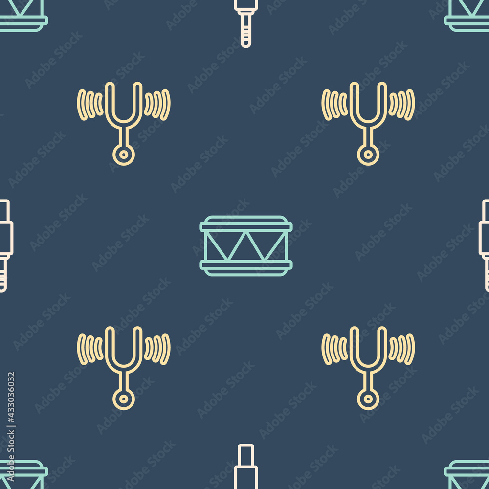 Poster set line audio jack, musical tuning fork and drum on seamless pattern. vector