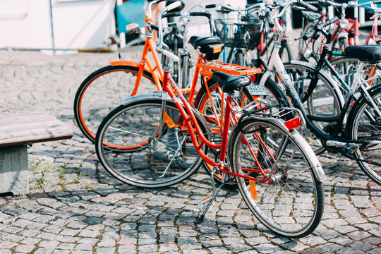 Parked Bicycles On Sidewalk. Bike Bicycle Parking In Helsinki, Finland