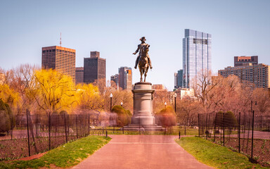 George Washington Statue in Boston Public Garden. Time Passage Long Exposure Photography. The...