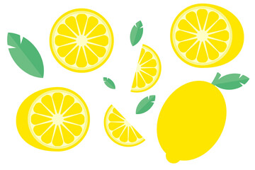 Set of lemons. Lemon in cut. Lemon slices. Leaf. Vector graphics