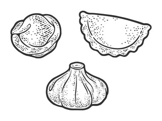 set of dumplings sketch engraving vector illustration. T-shirt apparel print design. Scratch board imitation. Black and white hand drawn image.
