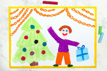 Obraz na płótnie Canvas Colorful drawing: A Christmas time. Beautiful Christmas tree and happy men hoding a gift
