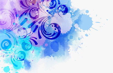 Abstract background with watercolor colorful splashes and floral swirl ornaments. Blue colored. Template for your designs, such as wedding invitation, greeting card, posters, etc. Horizontal banner.
