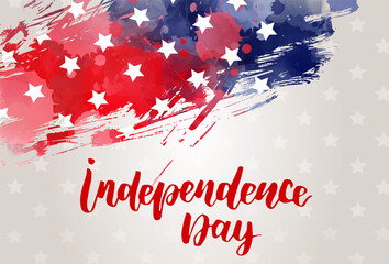 Obraz na płótnie Canvas Happy Independence day holiday in United States of America. Abstract watercolor background with stars in colors of USA flag. Handwritten modern calligraphy lettering