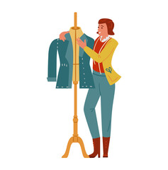 Woman Tailor Or Fashion Designer Near Mannequin Making Jacket. Flat Vector Illustration. Isolated On White.