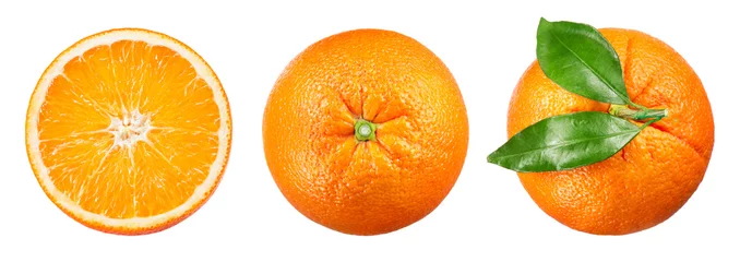 Poster Orange isolate. Orange fruit slice and a whole with leaves on white background. Orang top view set. © Tim UR