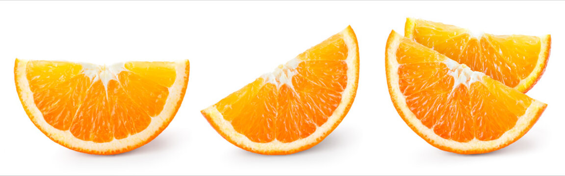 Orange slice isolate. Orange fruit slices set on white background.