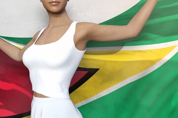 cute woman holds Guyana flag in hands behind her back on the white background - flag concept 3d illustration