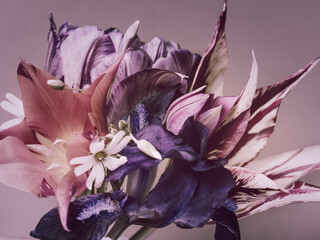 abstract bouquet. vintage colors. spring flowers, tulips and irises © Illya