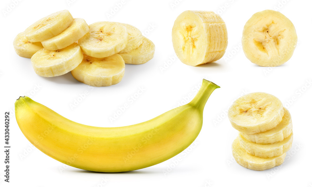 Wall mural banana slice isolated. cut bananas on white. set of banana slices and a whole on white background. - Wall murals