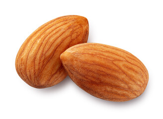 Almond isolated. Almonds on white background. Two almond nuts top view. With clipping path. Full...