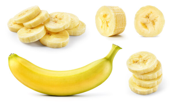 Banana slice isolated. Cut bananas on white. Set of banana slices and a whole on white background.