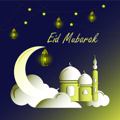 vector design. beautiful reid mubarak greeting card design with modern lantern specially for Ramadan wishing and design, invitation for Muslim community. mosque silhouette. translated "happy eid