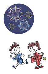 花火大会に行く子供のイラスト