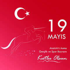 urkish national fetsal illustration  19 mayis Ataturk'u Anma, Genclik ve Spor Bayrami, tr: 19 may Commemoration Ataturk, Youth and Sports Day, White and red graphic design with Turkish javelin