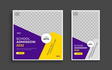 School admission Editable minimal square banner template. Yellow purple White background color with geometric shapes for social media post, story and web internet ads. Vector