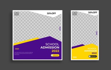 School admission Editable minimal square banner template. Yellow purple White background color with geometric shapes for social media post, story and web internet ads. Vector