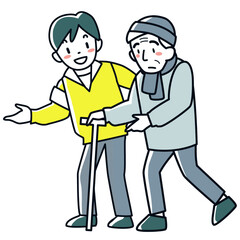 災害時に要配慮者である高齢者を支援する男性