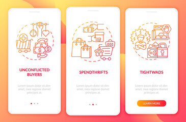 Purchasers types onboarding mobile app page screen with concepts. Shopaholics, tightwads walkthrough 3 steps graphic instructions. UI, UX, GUI vector template with linear color illustrations