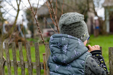 child leaning on the fence, looking in the distance