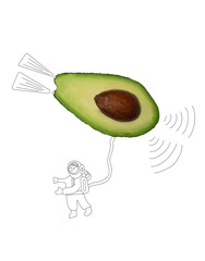 Avocado and outer space. Avocado as a spaceship. Cartoon avocado icon with with an astronaut.