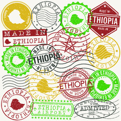 Ethiopia Set of Stamps. Travel Passport Stamps. Made In Product Design Seals in Old Style Insignia. Icon Clip Art Vector Collection.