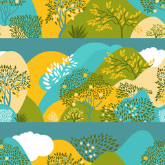 Fototapeta na wymiar Seamless pattern with hilly landscape, trees, bushes and plants. Growing plants and gardening. Protection and preservation of the environment. Earth Day. Vector illustration.
