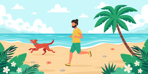 Fototapeta na wymiar Leisure time on beach. Man jogging with dog. Summer time. Vector illustration