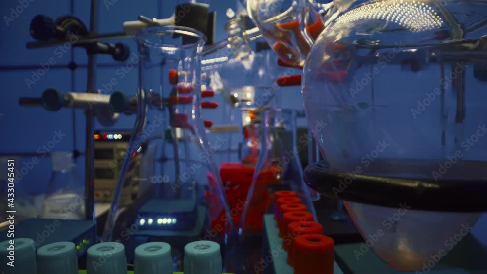 Canvas Prints Chemical laboratory with flasks and test tubes. Chemical process with boiling of a chemical solution and synthesis of organic matter