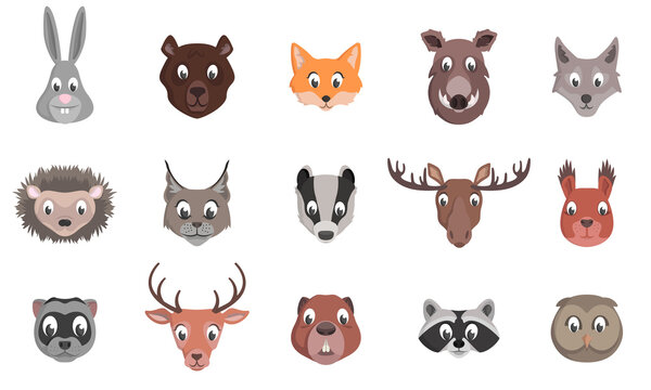 Set of forest animal heads. Characters in cartoon style.