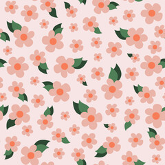 Cute retro inspired ditsy daisy seamless pattern. Random placed flowers with leaves all over print on rose background.