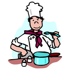 A chef in a red tie. The cook tastes the food. The chef holds a spoon and a casserole
