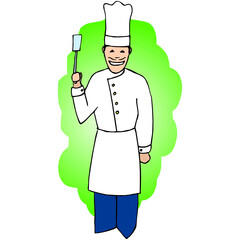 The cook smiles. Cook in a cap. The chef is holding a raised shoulder blade.