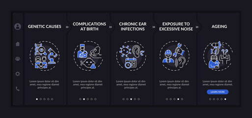 Hearing disorder aspects onboarding vector template. Responsive mobile website with icons. Web page walkthrough 5 step screens. Exposure to excessive noise night mode concept with linear illustrations