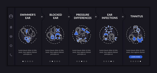 Top ear states onboarding vector template. Responsive mobile website with icons. Web page walkthrough 5 step screens. Pressure differences, blocked ear night mode concept with linear illustrations