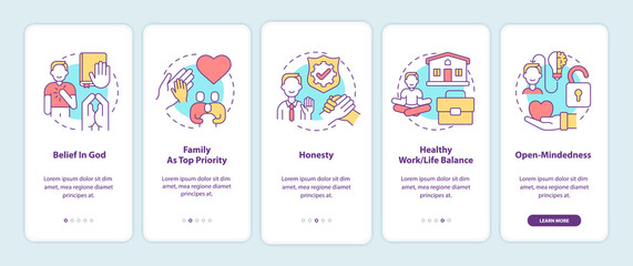 Personal values onboarding mobile app page screen with concepts. Belief in God, honesty, family walkthrough 5 steps graphic instructions. UI, UX, GUI vector template with linear color illustrations