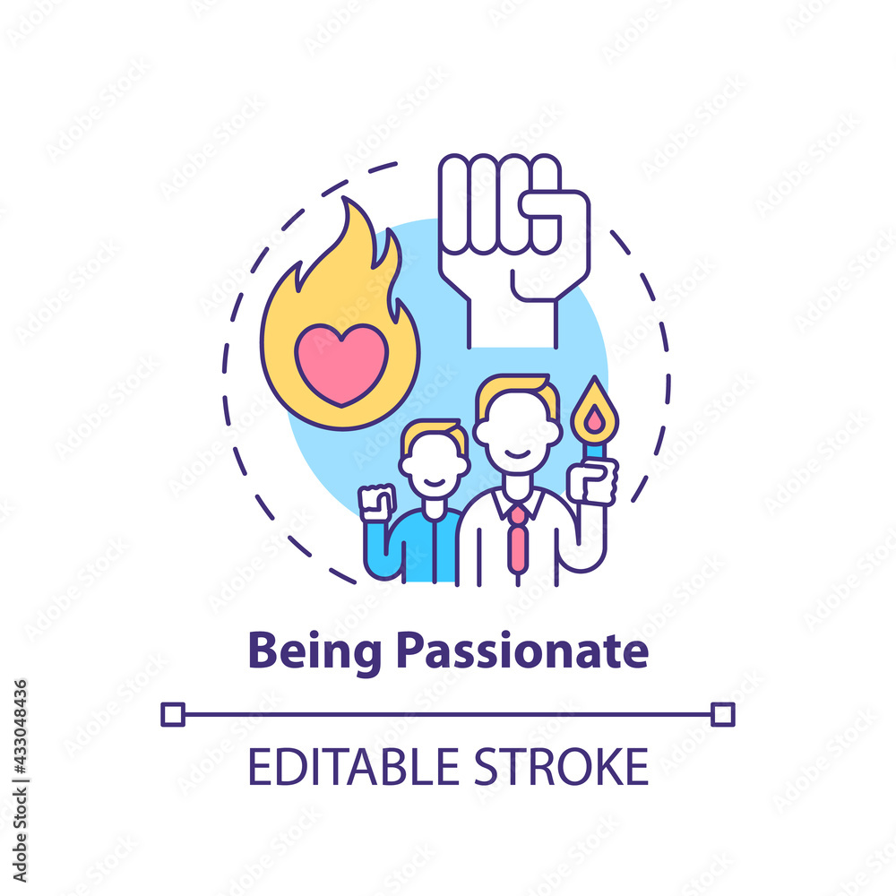 Poster being passionate concept icon. corporate core value idea thin line illustration. showing intense ent