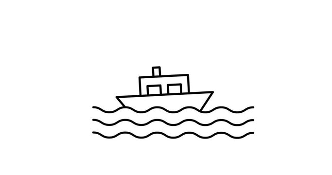 4K Stock video, line art animation, boat is sailing in sea on white background. Seamless motion animated footage with ship sways on the waves. Yacht vessel line icon, transportation and travel concept