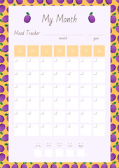 My Month. Mood Tracker. Notebook page on a background of a cute plum pattern. Vector 10 ESP.