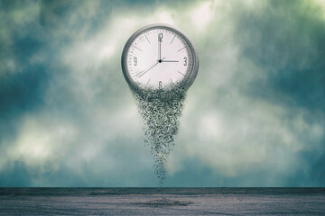 Clock falls apart, in the cloudy sky. Dispersion effect. The concept of the passing time. Business....