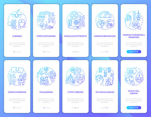 Genetic disease navy onboarding mobile app page screen with concepts. Hereditary illness walkthrough 5 steps graphic instructions. UI, UX, GUI vector template with linear color illustrations