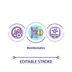 Bioinformatics concept icon. Field of biology that analyzes body genomic information to predict gene. Research idea thin line illustration. Vector isolated outline RGB color drawing. Editable stroke