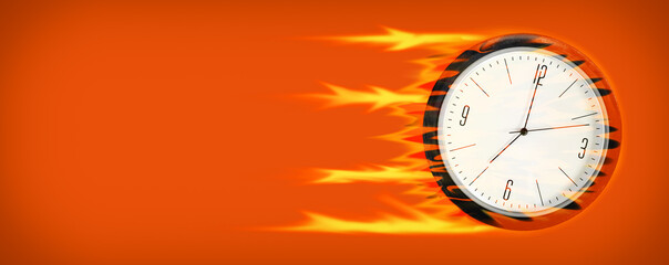 Car wheel, with a clock, on fire. Time concept. Business. Lifestyle. Transport.