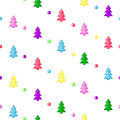 Christmas seamless pattern with trees and balls isolated on the transparent background. Vector illustration