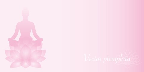 Relaxation and Healing concept banner illustration. Lotus flower with meditation silhouette decorative vector template. Card, invitation, banner, event, top page design. Vector illustration.