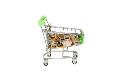 coins in a grocery cart on a white background