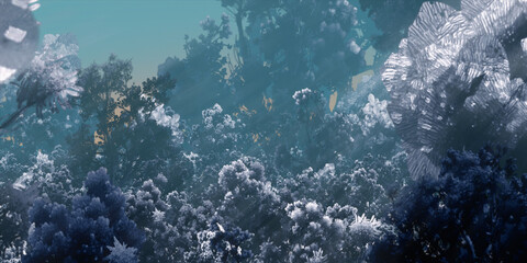 Colorful fantasy forest. Abstract imaginary plants. Vivid concept art scenery. 2d illustration.