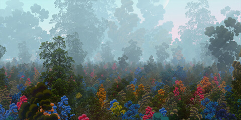 Colorful fantasy forest. Abstract imaginary plants. Vivid concept art scenery. 2d illustration.