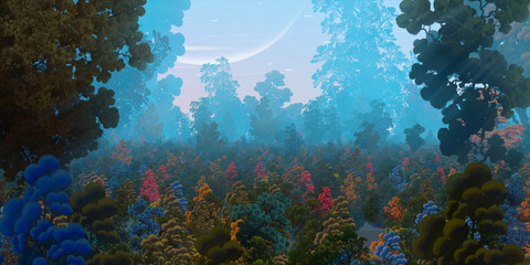 Colorful fantasy forest. Abstract imaginary plants. Vivid concept art scenery. 2d illustration. © Jakub